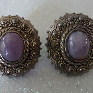 Vintage Ornate Silvertone Lilac Oval Cabochon Pierced Earrings